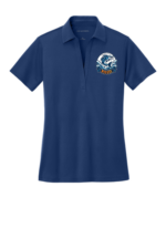 Royal blue women's short-sleeve performance polo with V-neck collar and Walden Glen Wahoos team logo screen-printed on the left chest — a wahoo fish leaping through ocean waves with "WAHOOS" on a bold orange and navy banner