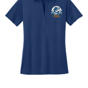 Royal blue women's short-sleeve performance polo with V-neck collar and Walden Glen Wahoos team logo screen-printed on the left chest — a wahoo fish leaping through ocean waves with "WAHOOS" on a bold orange and navy banner