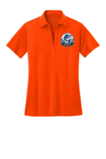 Royal blue women's short-sleeve performance polo with V-neck collar and Walden Glen Wahoos team logo screen-printed on the left chest — a wahoo fish leaping through ocean waves with "WAHOOS" on a bold orange and navy banner
