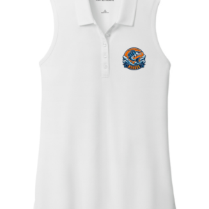 White women's sleeveless polo shirt featuring the Walden Glen Wahoos swim team logo on the left chest — a wahoo fish bursting through ocean waves on an orange and navy circular badge