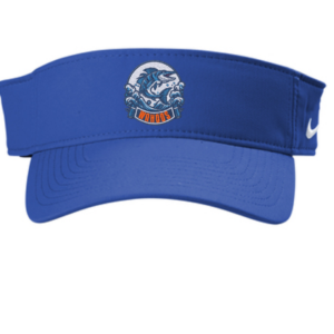 Royal blue Nike Dri-FIT performance visor with the Walden Glen Wahoos team logo embroidered on the front band — a wahoo fish leaping through ocean waves with "WAHOOS" on a bold orange and navy banner, with the white Nike swoosh on the side