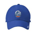 Royal blue Nike Dri-FIT performance baseball cap with the Walden Glen Wahoos team logo embroidered on the front crown — a wahoo fish leaping through ocean waves with "WAHOOS" on a bold orange and navy banner, with the white Nike swoosh on the side