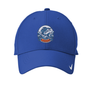 Royal blue Nike Dri-FIT performance baseball cap with the Walden Glen Wahoos team logo embroidered on the front crown — a wahoo fish leaping through ocean waves with "WAHOOS" on a bold orange and navy banner, with the white Nike swoosh on the side