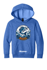 Royal blue youth pullover hoodie featuring the Walden Glen Wahoos swim team logo — a wahoo fish bursting through ocean waves — with customizable swimmer name on the front