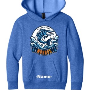 Royal blue youth pullover hoodie featuring the Walden Glen Wahoos swim team logo — a wahoo fish bursting through ocean waves — with customizable swimmer name on the front