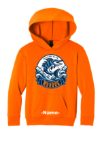 Royal blue youth pullover hoodie featuring the Walden Glen Wahoos swim team logo — a wahoo fish bursting through ocean waves — with customizable swimmer name on the front