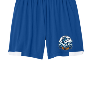 Royal blue men's 7-inch athletic shorts with white contrast hem lining and Walden Glen Wahoos team logo printed on the lower left leg — a wahoo fish leaping through ocean waves with "WAHOOS" on a bold orange and navy banner