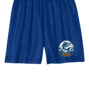 Royal blue youth mesh athletic shorts with the Walden Glen Wahoos team logo printed on the lower left leg — a wahoo fish leaping through ocean waves with "WAHOOS" on a bold orange and navy banner.
