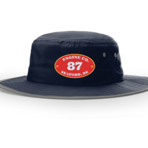 Navy bucket hat featuring a red and gold Engine Company 87 Seaford Delaware embroidered patch.