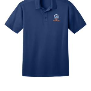 Navy blue Walden Glen Swim & Dive Coach performance polo featuring the Wahoos team logo and COACH text embroidered on the left chest.