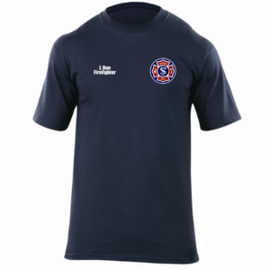 Official Seaford Volunteer Fire Department duty shirt featuring department crest and personalized firefighter identification on a navy shirt.