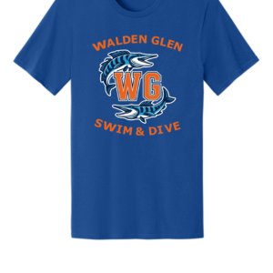 Walden Glen Swim & Dive 55th anniversary t-shirt featuring marlin fish graphics surrounding a WG logo on a royal blue shirt.