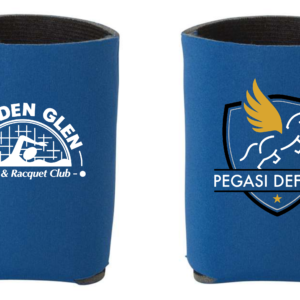 Front Side Alt Text: Blue Walden Glen Swim & Racquet Club can cooler featuring the official club logo in white. Back Side Alt Text: Blue beverage koozie featuring the Pegasi Defense sponsor logo on the reverse side.