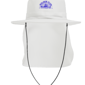 White Walden Glen Swim & Racquet Club performance sun hat with embroidered club logo and removable neck cape.