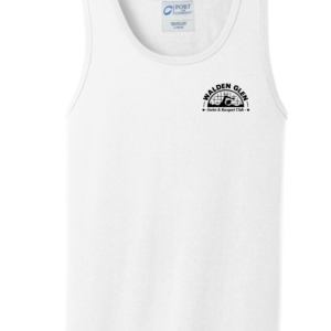 White Walden Glen Swim & Racquet Club adult tank top featuring the official club logo on the front and sponsor artwork on the back.
