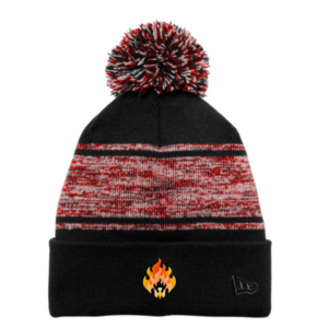Holy Spirit Catholic School black knit pom-pom beanie with red, gray and white stripes and embroidered flame logo on front cuff.