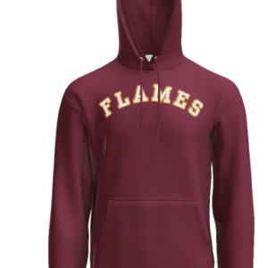 Holy Spirit Catholic School maroon pullover hoodie featuring arched gold and white FLAMES lettering across the chest, drawstring hood and front kangaroo pocket.