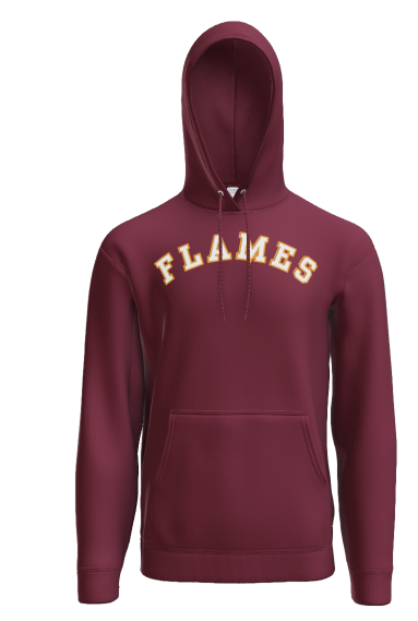 Hoodie proof Holy Spirit Catholic School maroon pullover hoodie featuring arched gold and white FLAMES lettering across the chest, drawstring hood and front kangaroo pocket.