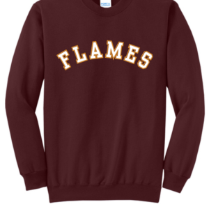 Holy Spirit Catholic School maroon crewneck sweatshirt featuring arched white FLAMES lettering with gold outlines across the chest and ribbed cuffs and waistband.