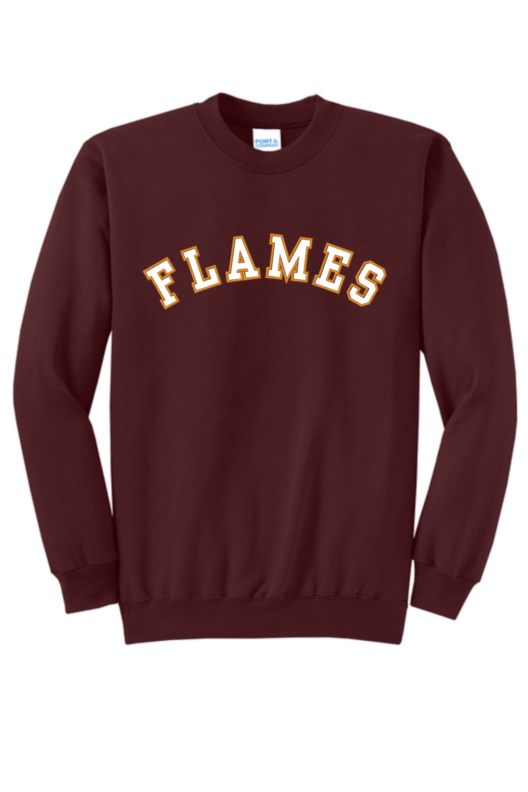 Sweatshirt proof Holy Spirit Catholic School maroon crewneck sweatshirt featuring arched white FLAMES lettering with gold outlines across the chest and ribbed cuffs and waistband.
